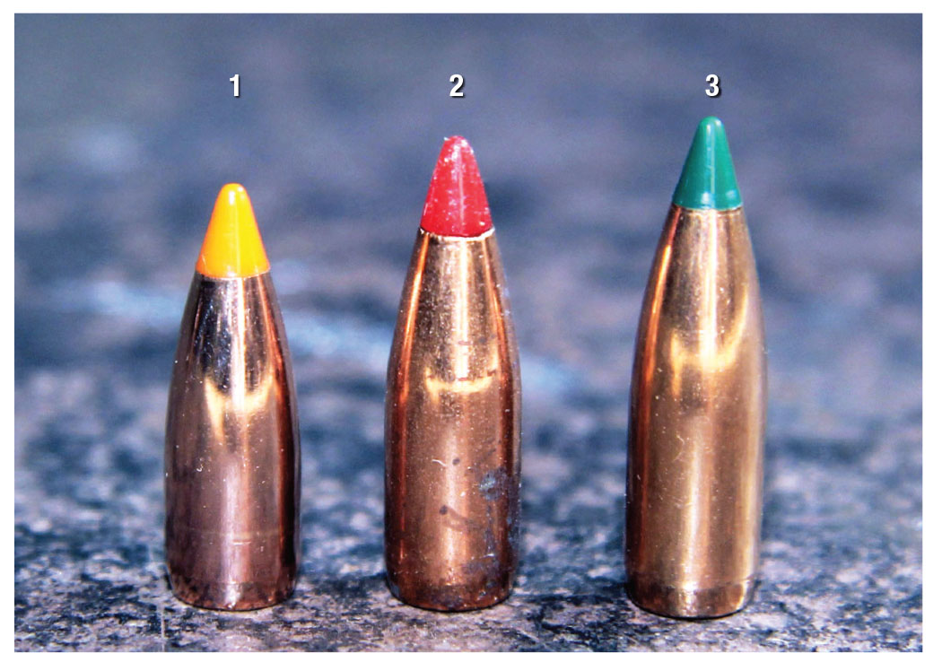 Modern bullets tested in the .22-250 Remington included: (1) Nosler’s 40-grain Ballistic Tip Varmint, (2) Hornady’s 50-grain V-MAX and (3) Sierra’s 55-grain BlitzKing.